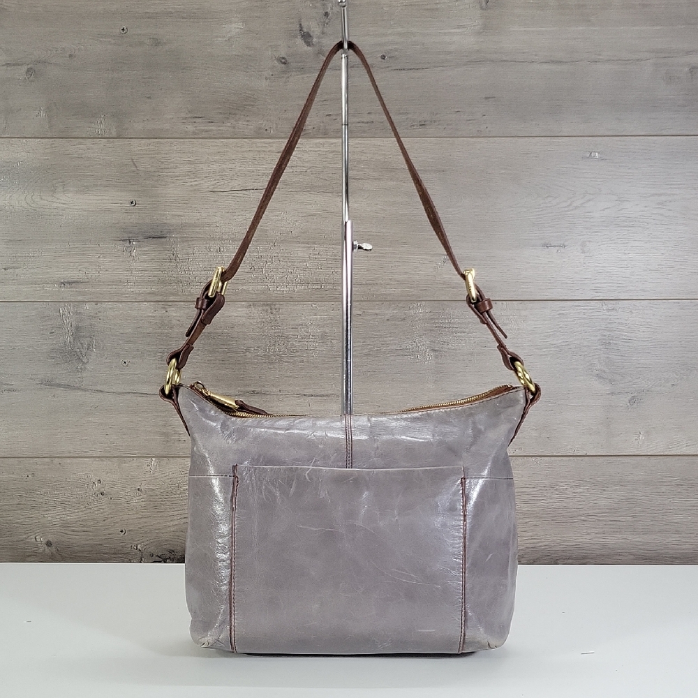 Hobo Gray Leather Shoulder Bag with Brown Strap